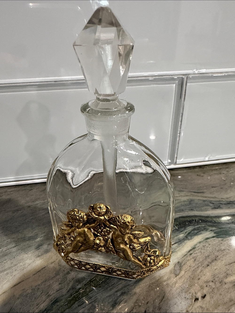 Globe Glass Perfume Bottle with Gold Cherub Accent